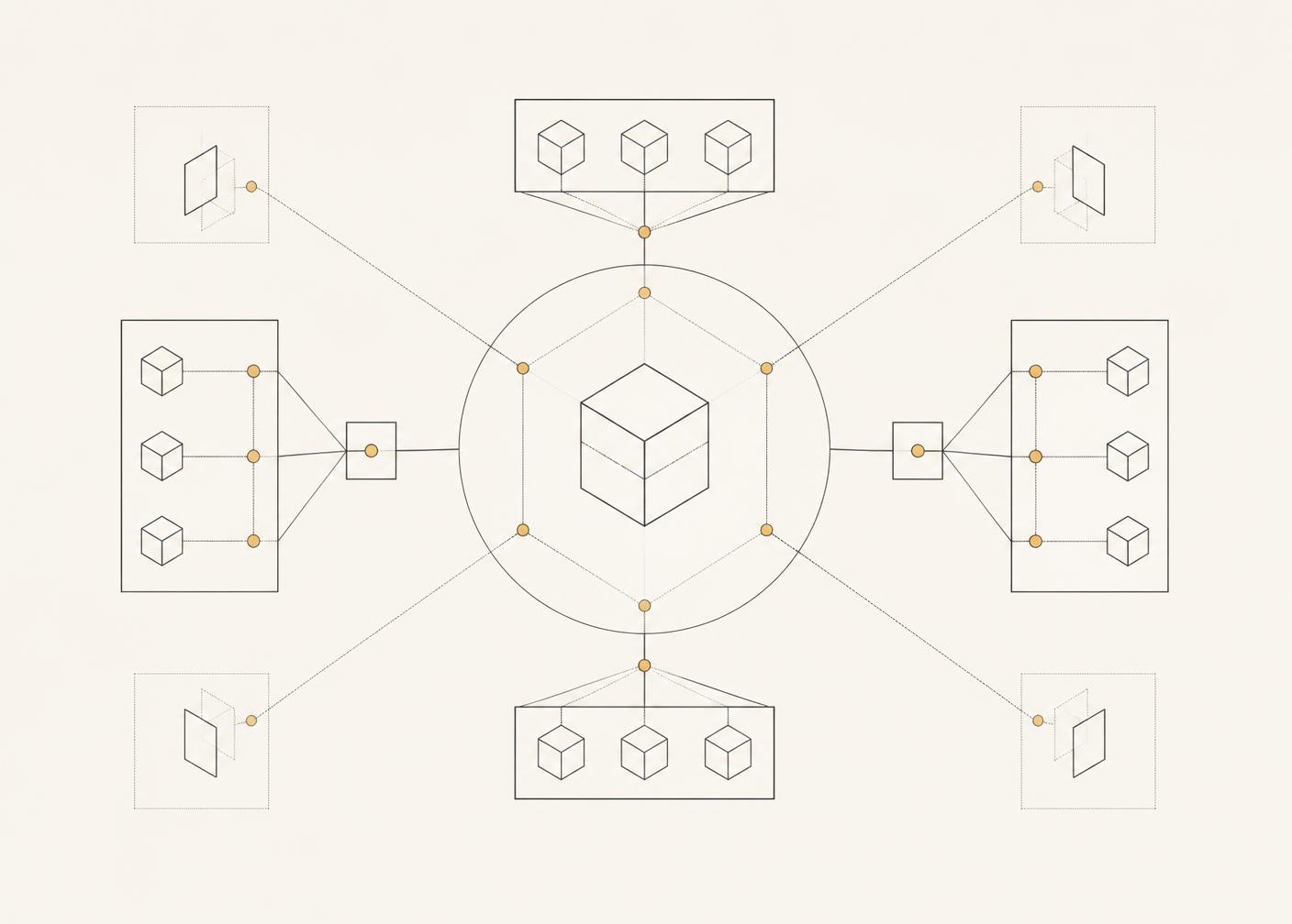 Technical line diagram showing components connected through a central hub