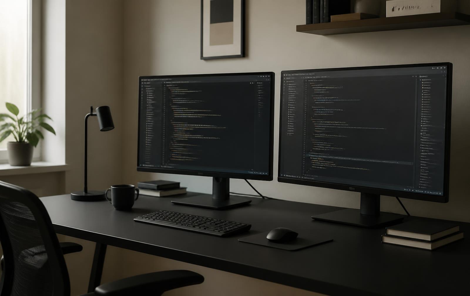 A dark desk with two monitors displaying editor windows, a keyboard, notebooks, and a lamp
